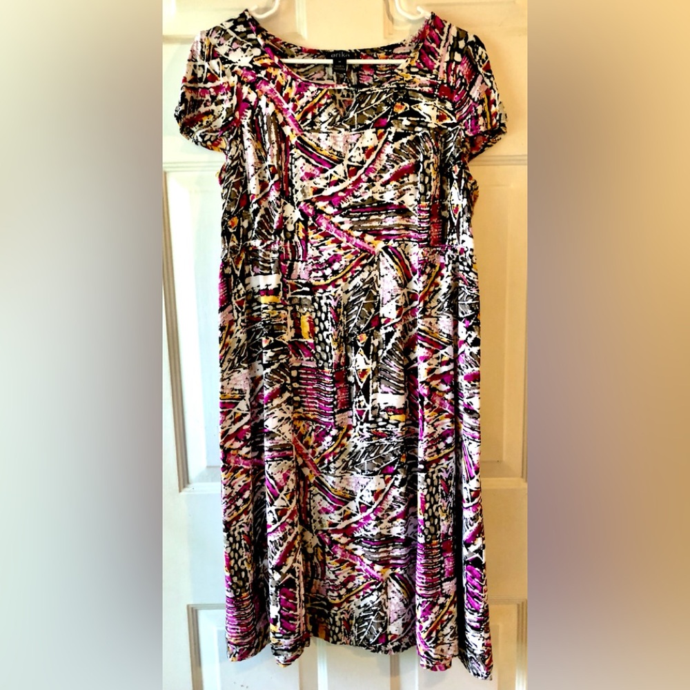 Erika Magenta Purple Gray Abstract Tribal Print Vintage Rayon Midi Dress Medium
